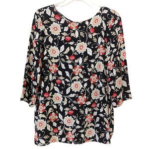 J.Jill Floral‎ Print Tunic Top. 3/4 Sleeves. Multi with Black/Red. Rayon. Size S